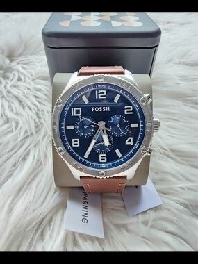 Fossil Original New Men's Blue Dial Chronograph Watch with Brown Leather Strap